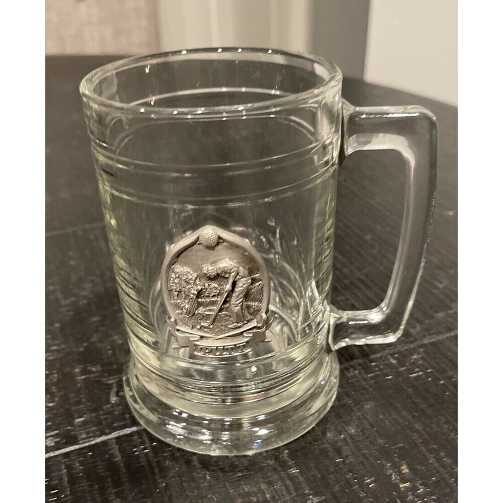 GLASS STEIN BEER MUG COLONIAL TANKARD PEWTER EMBLEM PUTT GOLFER! Vintage - Picture 1 of 4